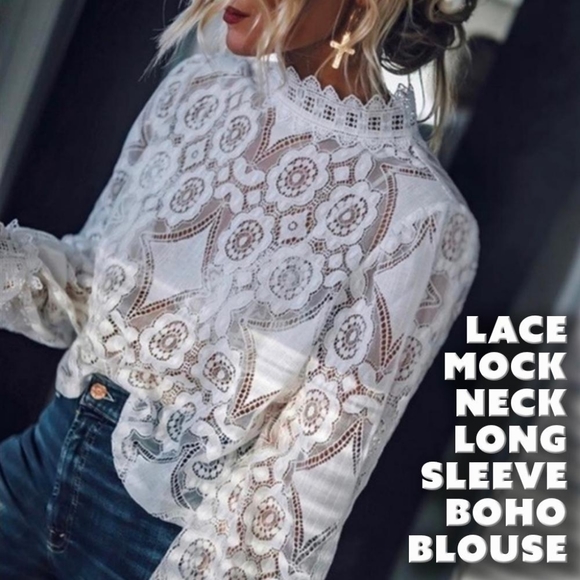 Angelas Avenue Tops - Lace Mock Neck Long Sleeve Boho Blouse